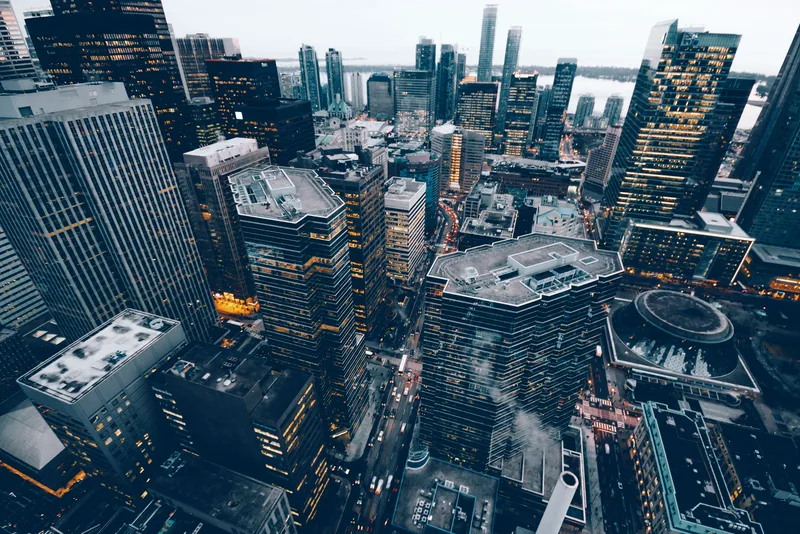 Aerial photo of city commercial buildings